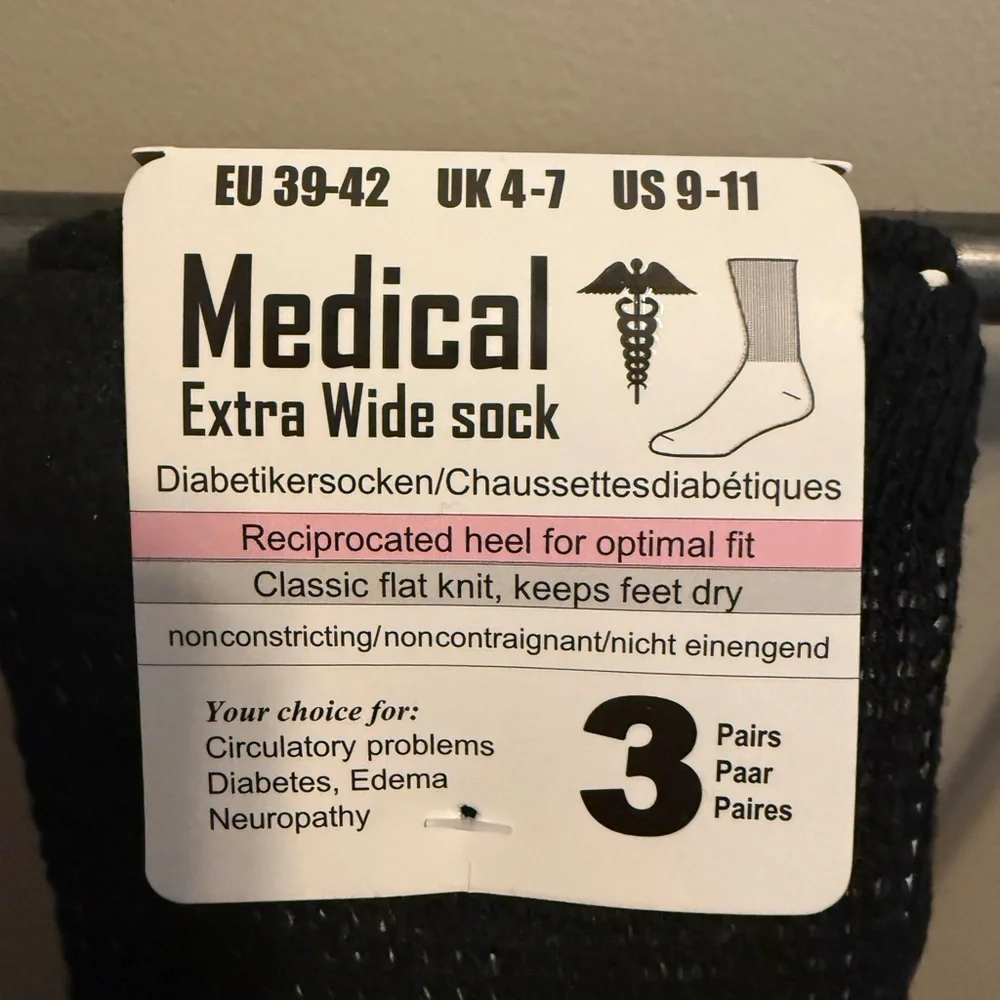 Stealth Sox Medical Extra Wide Black Diabetic Socks 3 Pack Size Men’s US 9-11